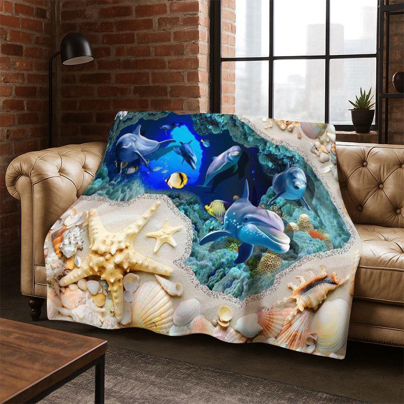 3D Illusion Underwater World Marine Life Shark Dolphin Cartoon Flannel Blanket Throw Blanket for Bedroom Living Room Bed Travel