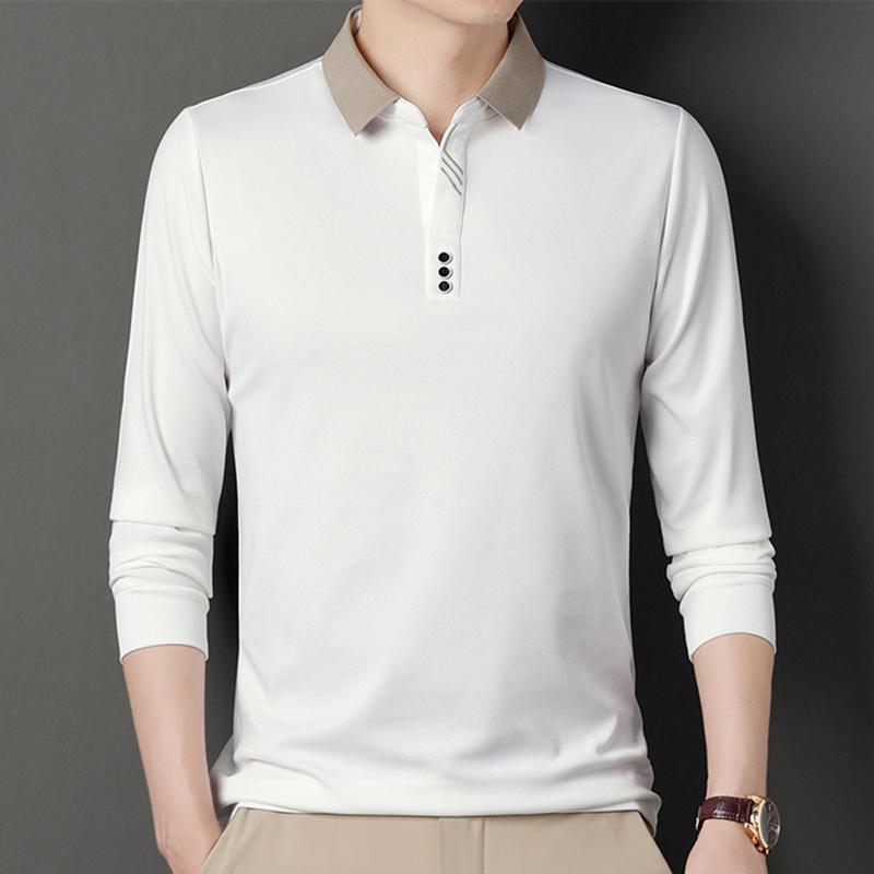 

Men Waffle Clothing Business Long Sleeve Contrast Color Spring Autumn Pullover Button Turn-Down Collar T-Shirt Comfortable Tops M белый