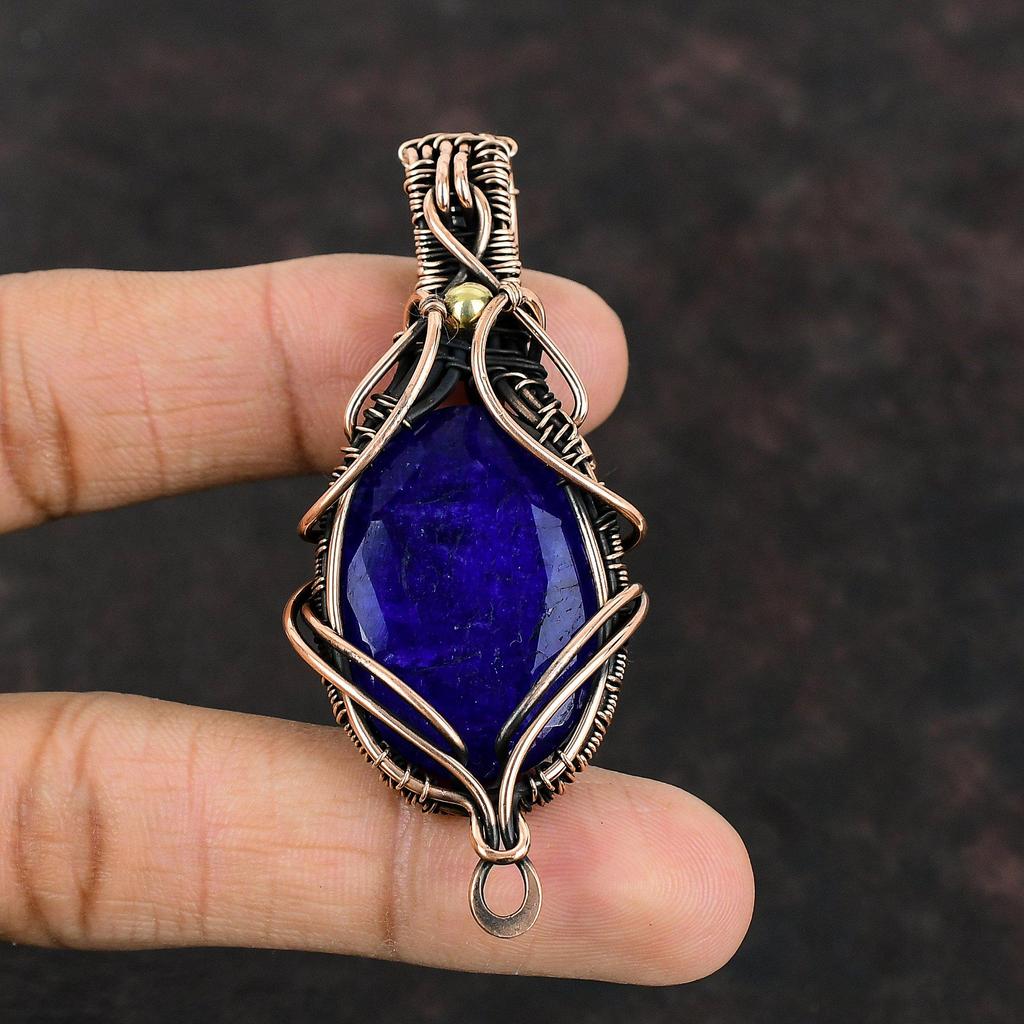 Faceted Blue Sapphire Copper Pendant Wire Wrapped Pendant Genuine Gemstone Jewelry Handmade Pendant Copper Jewelry For Gift Healing Stone