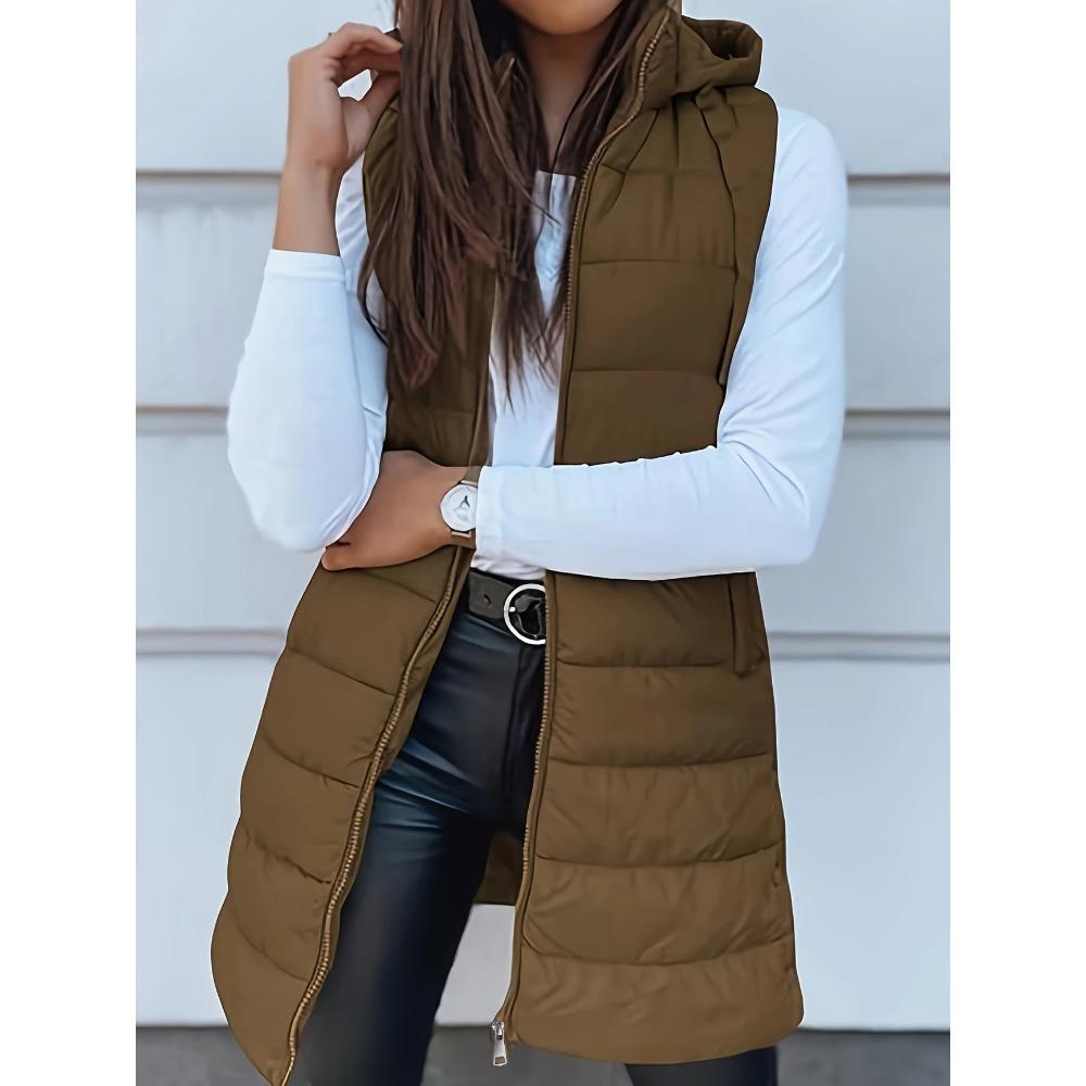 Autumn Winter Solid Color Hooded Zip Cotton Vest Women Mid-Length Plus Size Padded Gilet Coat