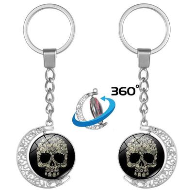 Floral Skull Double-Sided Rotating Keychain for Punk Rock Clothing & DIY Jewelry