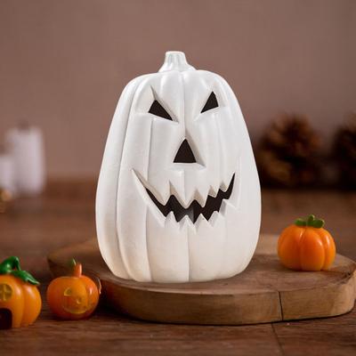 Large LED Lighted Pumpkin Statue Halloween Curved Pumpkin Lamp Autumn Farmhouse Tabletop Centerpiece for Home Porch Room Mantel Decor