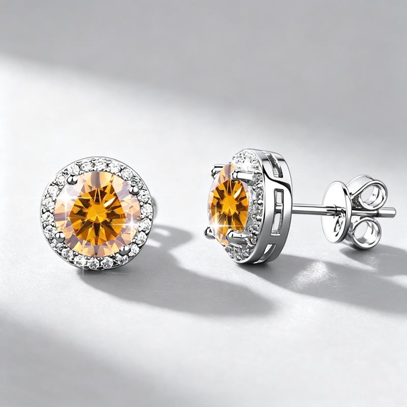 Moissanite Starry Sky Round Halo Stud Earrings, 1 Carat, S925 Sterling Silver, Light Luxury Hip Hop Design for Men.