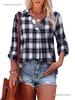 V-neck Long Sleeve Plaid Pullover Lapel Loose Fit Women's Shirt