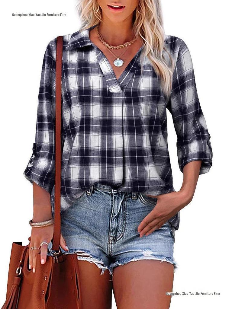 V-neck Long Sleeve Plaid Pullover Lapel Loose Fit Women's Shirt