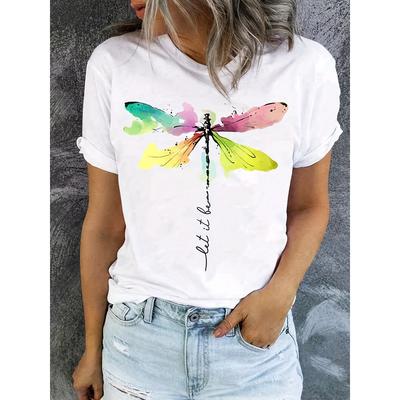 Dragonfly Printed Round Neck T-shirt, Spring and Summer Casual Short Sleeved T-shirt, Women's Clothing