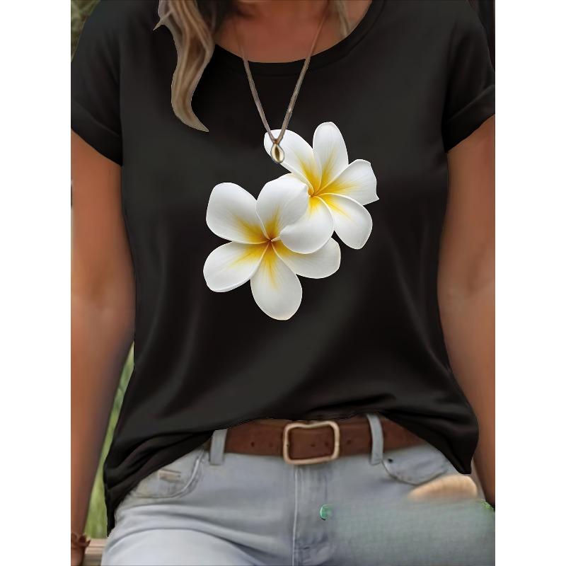 

European sizes European Size [Hawaiian Floral Tee] Women s Soft Breathable T-Shirt | Plumeria Flower Print, Classic Crew Neck 4XL чорний