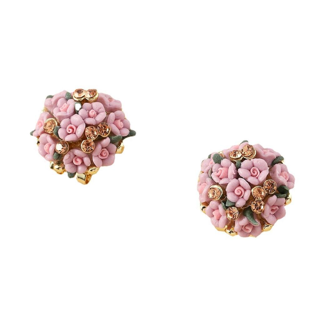 Romantic Ceramic Flower Rose Diamond Alloy Earrings Temperament Ear Buckle Exquisite Stud Earrings Jewelry Popular
