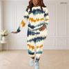 Women Plus Size Two Piece Set Round Neck Long Sleeve Printed Top And Fitted Pants