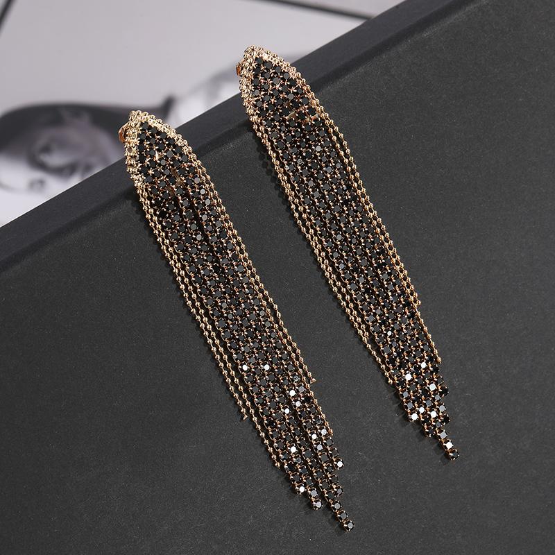 New Classic Shiny Crystal Clip on Earrings Ladies Exaggerated Long Tassels Colorful Rhinestone Non Pierced Earrings Jewelry