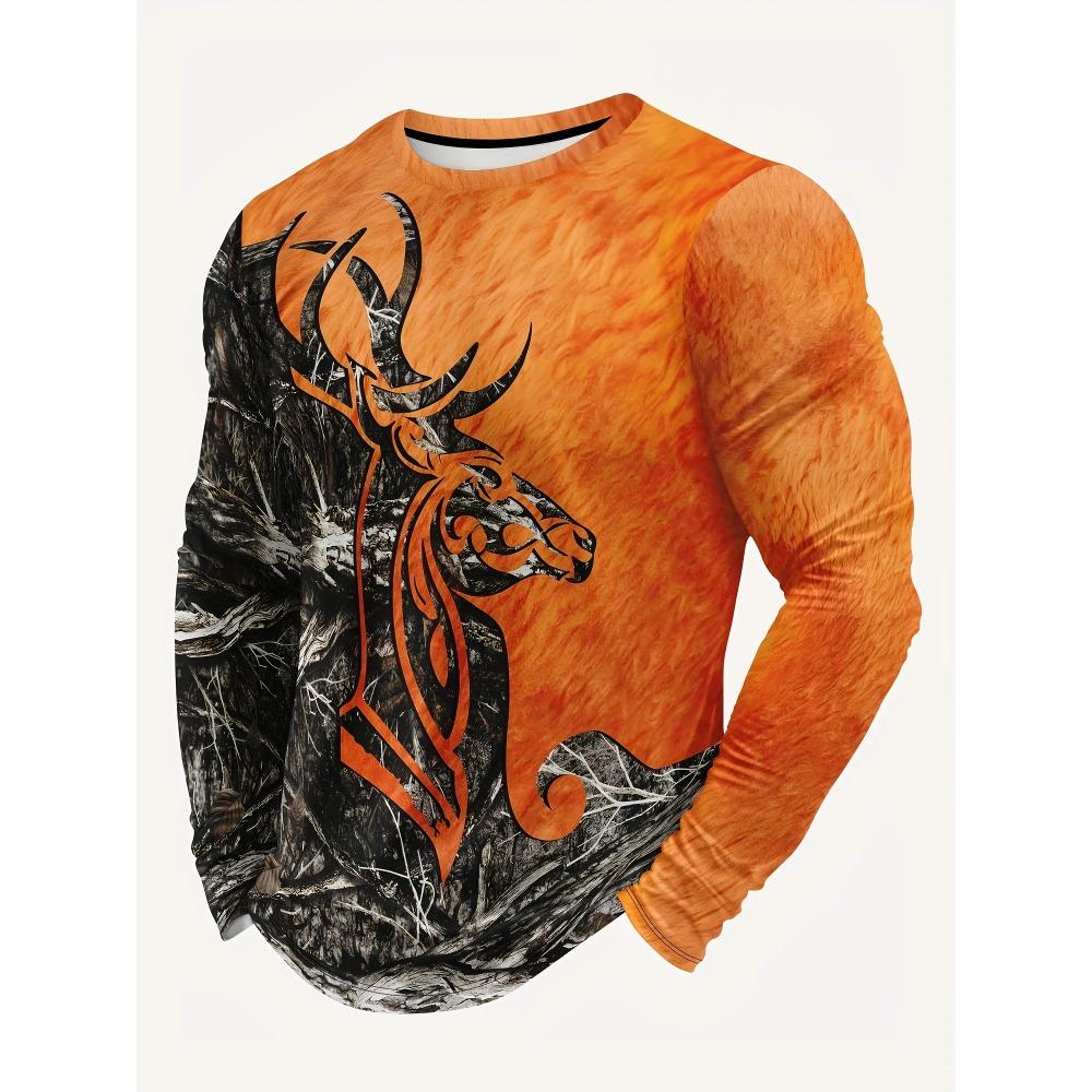

Spring and Autumn Round Neck 3D Deer Head Pattern Printed Top Fashionable Casual Vintage Long Sleeved Men s T-shirts S