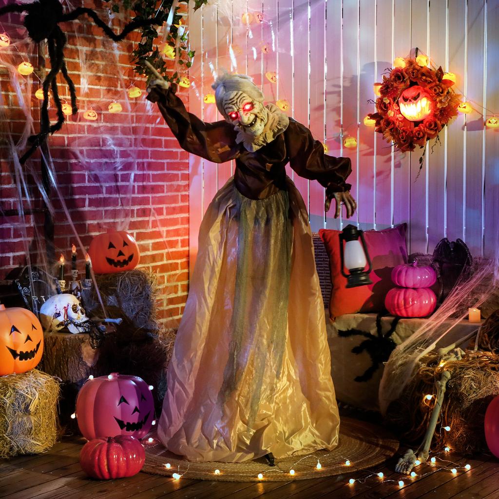150 Cm Halloween Decoration, Halloween Witch with LED Lights, Sound Function, Adjustable Arms and Head