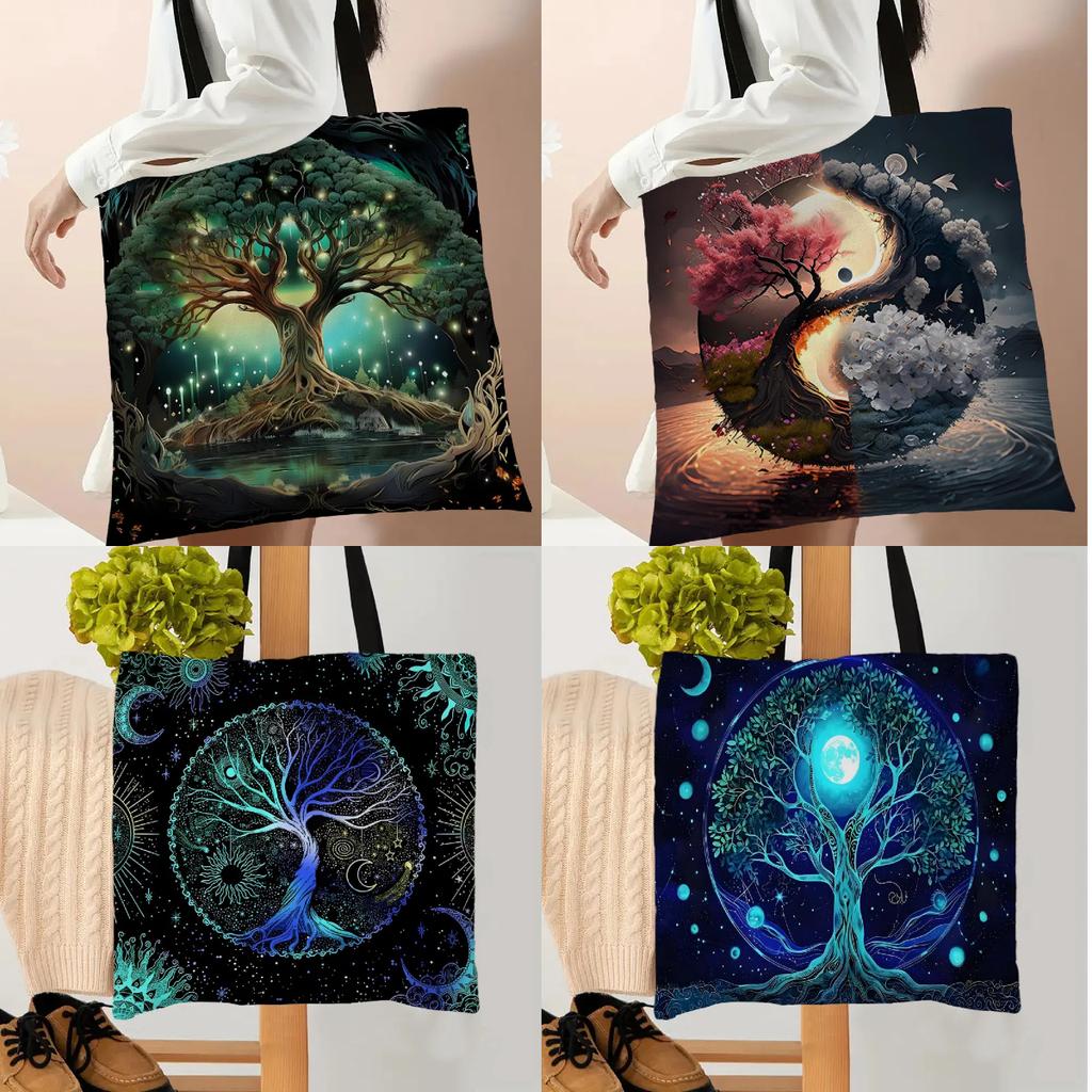 1PC Tree Of Life Tarot Tote Shoulder Bag Moon Phase Plants Bags Storage Handle Shopping Bag Portable Supermarket Bag Tote Bag