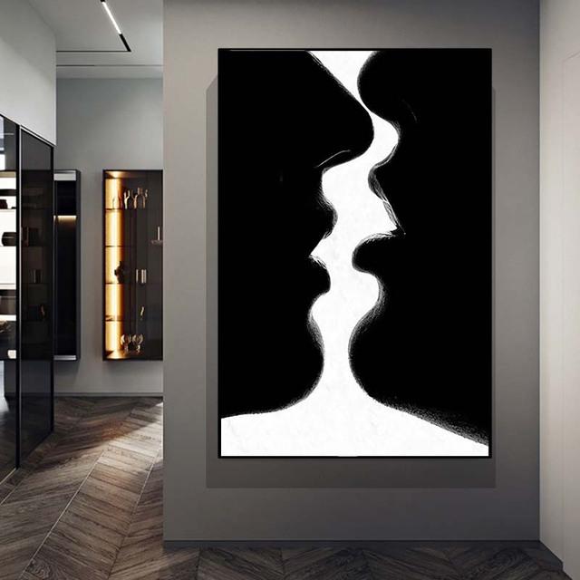 

Абстрактная черно-белая пара поцелуев, холст, картина, постеры и принты, картина для Cuadros, гостиная, домашний декор, без рамки 50cm×100cm No Frame