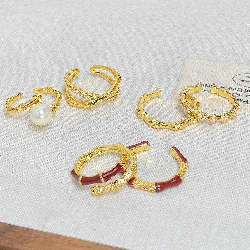 Medieval Vintage Country Tide Wind Bamboo Series Open Ring Stacked With Zircon High-End Sense Niche Index Finger Ring Woman