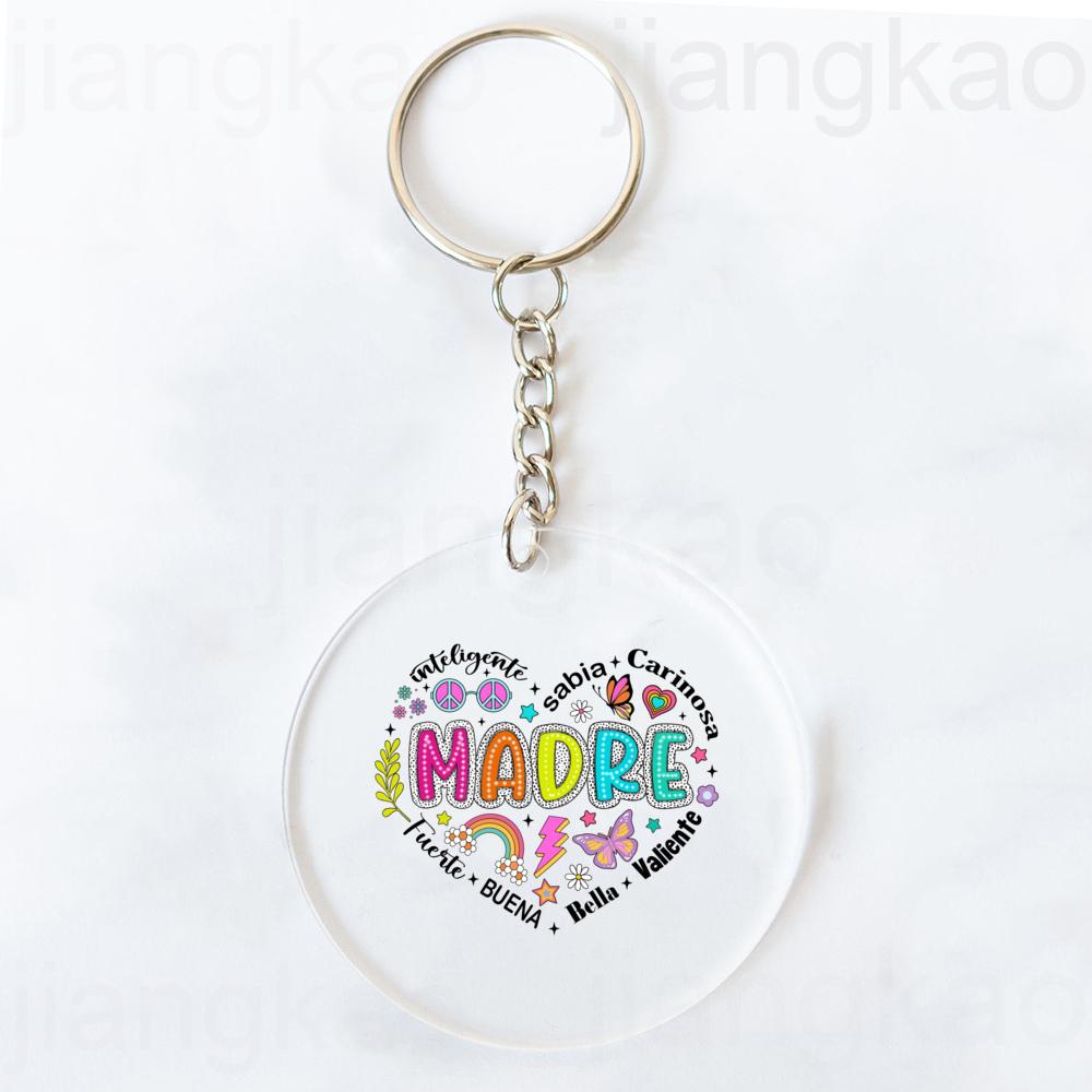 Intelligent Loving Brave Mother Spanish Print Keychain Circle Chain Acrylic Keyring Holiday Birthday Mother's Day Gift for Mama