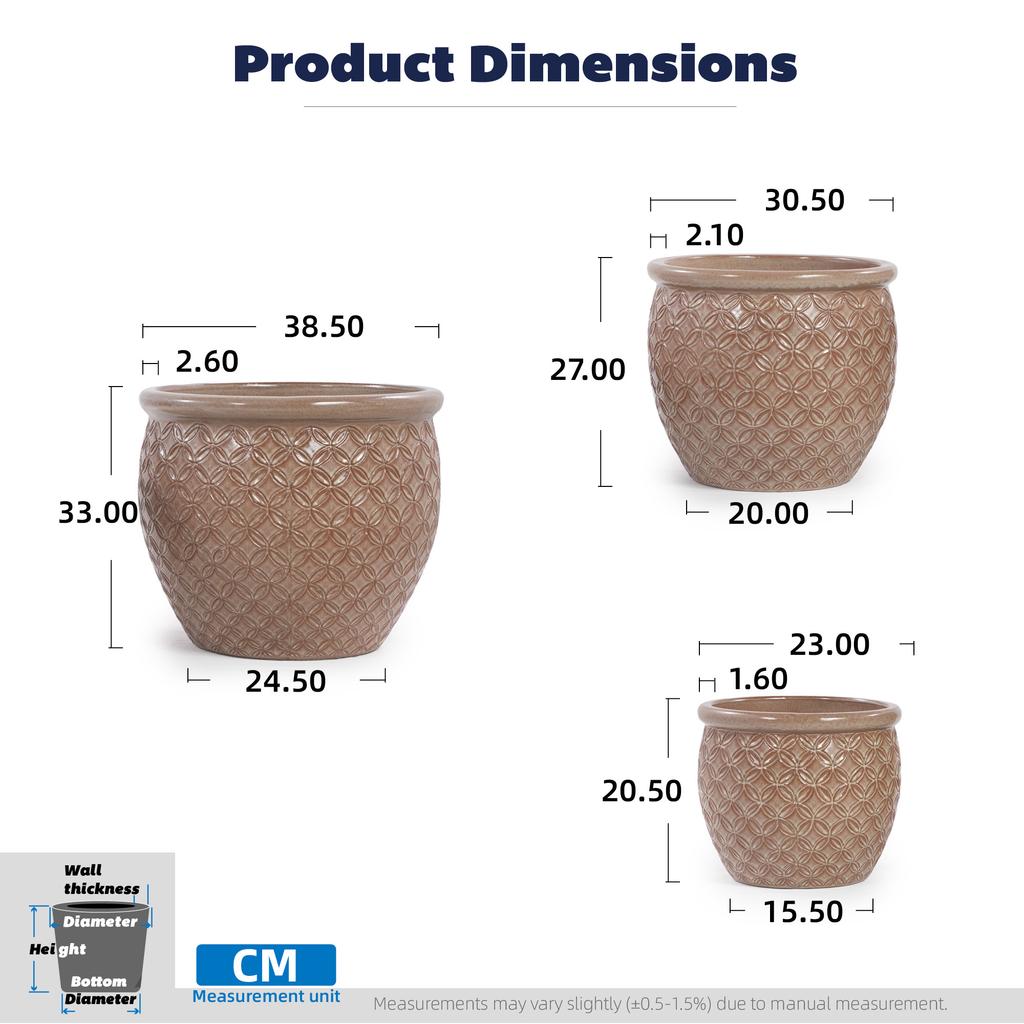 Single Handmade Ceramic Plant Pot (diameter 23 cm), Glossy Beige with Coin Relief, Breathable, Frost-Resistant, with Drainage Holes for Balcony Plants