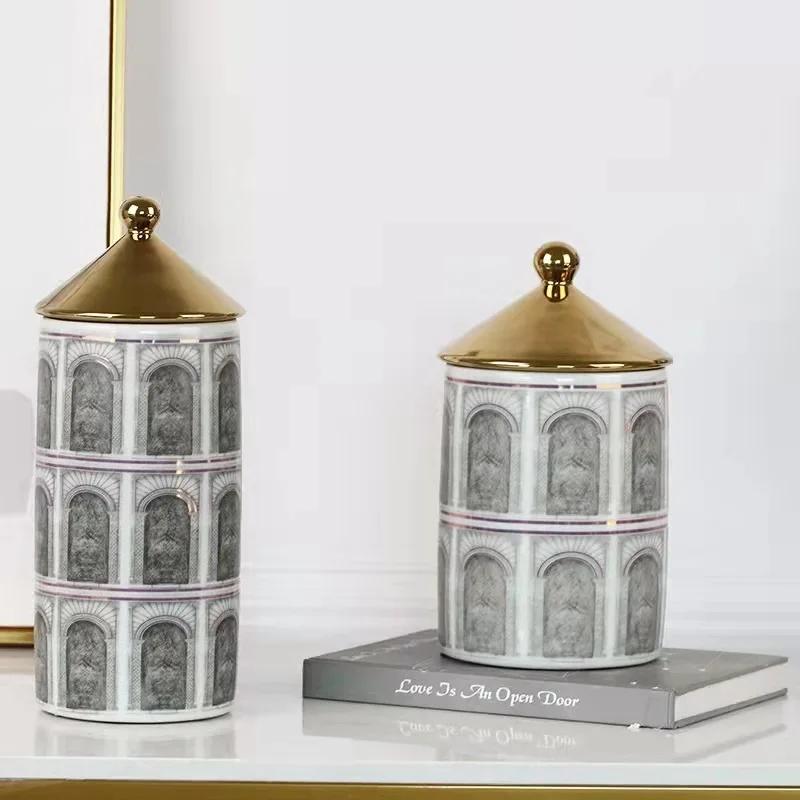 Modern Architectural Pattern Ceramic Storage Tank with Cover Household Decoration Vase Candle Jar  Candy Tank Kitchen Storage