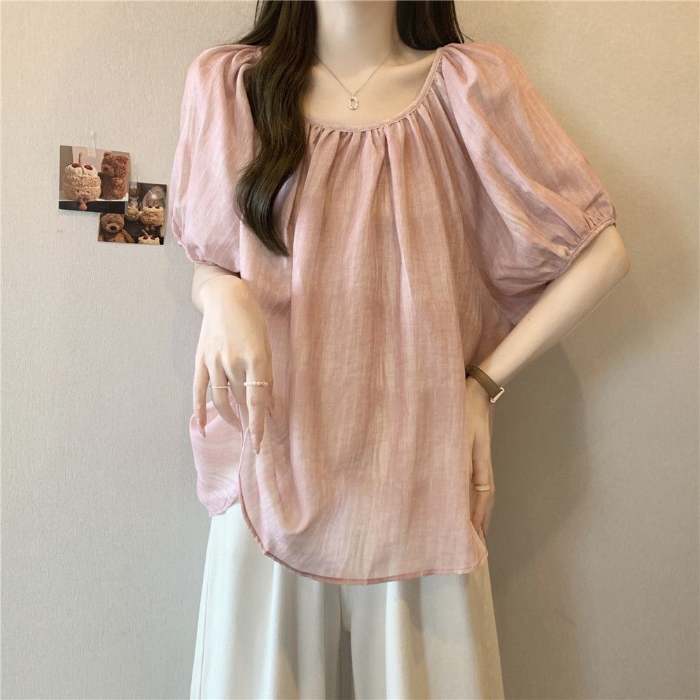 Women Elastic Gathered Round Neck Puff Bubble Short Sleeve Loose Summer Blouse s