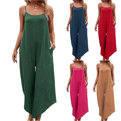 Women's Fashionable Solid Color Pocket Irregular Pants Legs Loose Casual Camisole Sleeveless Jumpsuit