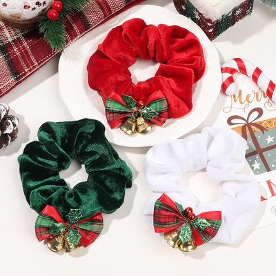 1 Pieza Scrunchies Navideños Retro a Cuadros con Lazo, Gomas de Pelo de Terciopelo con Campana, Elegante Diseño de Lazo para el Pelo, Decoraciones para el Cabello