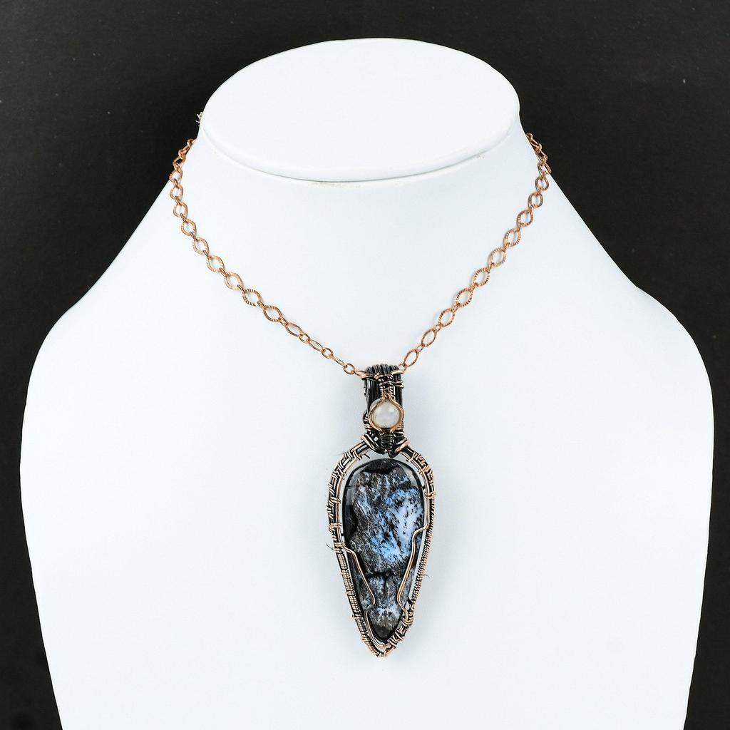 Blue Dendrite Opal Gemstone Pendant Copper Wire Wrapped Pendant Moonstone Pendant Gift For Her Handmade Copper Pendant Wire Wrapping Jewelry