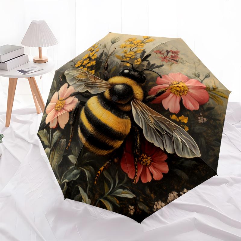 Bee Flower  Pattern, Automatic Folding Umbrella, Portable and Foldable Design, 8 Ribs, a Christmas or Birthday Gift.