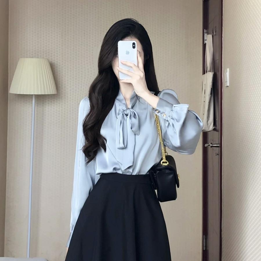 Elegant Korean Spring Suit 2026: Women s Bow Tie Shirt & Lace-up Drape Skirt Set S