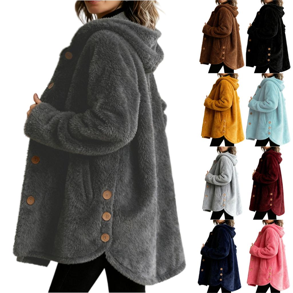Women's Fashion Fuzzy Color Button Pocket Hooded Long Sleeve Loose Warm Jacket