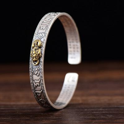Bracciale rigido aperto Feng Shui Pixiu placcato argento antico per uomo Donna Bracciale unisex Pixiu Gioielli ricchezza e buona fortuna