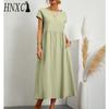 HNXC Women's Fashion Summer Spring Solid Color Print O-Neck High Waist Casual Dresses