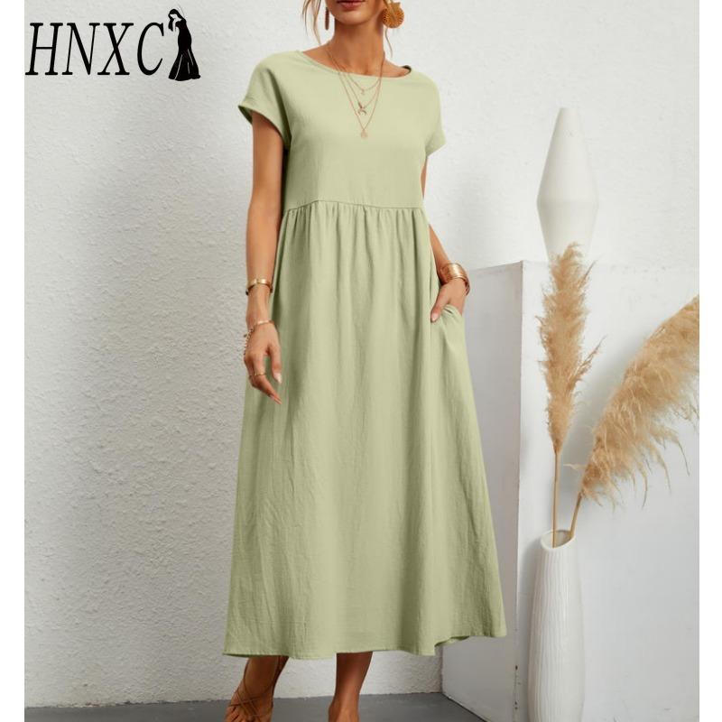 HNXC Women's Fashion Summer Spring Solid Color Print O-Neck High Waist Casual Dresses