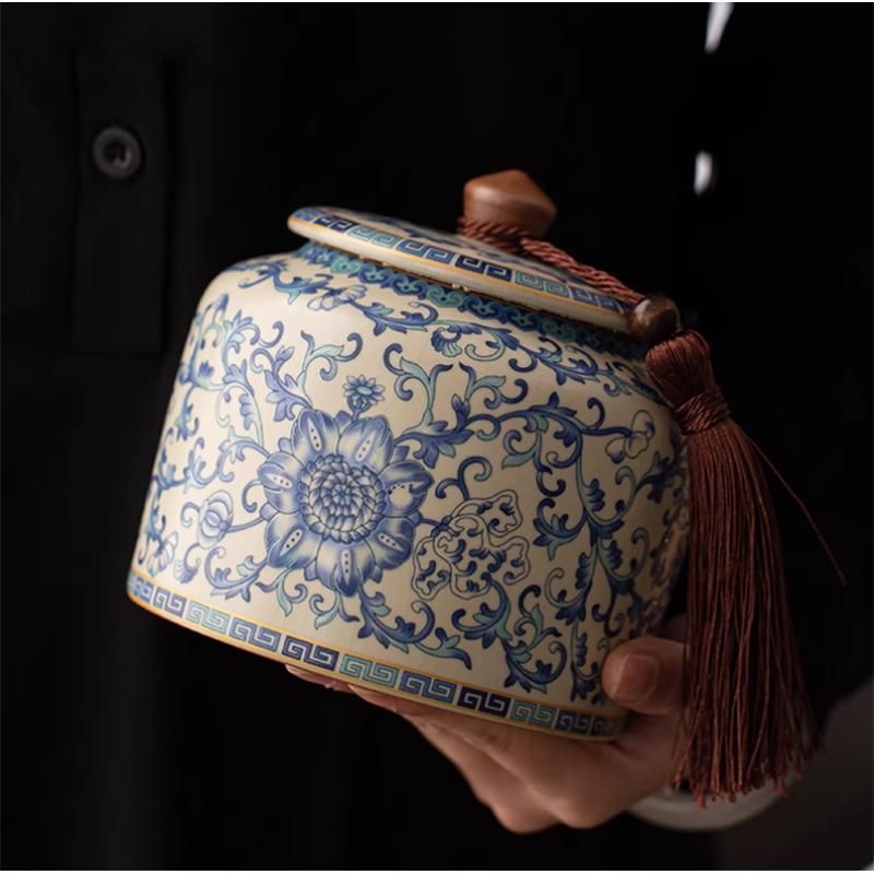 Keramická dóza na čajové lístky Modrobílá porcelánová dóza na cukroví Multifunkční domácí úložná krabička na kávová zrna, ořechy, bylinky Domácí dekorace