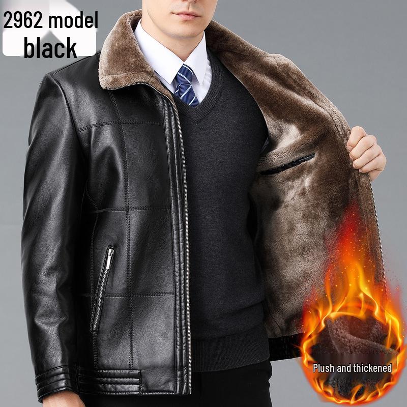 Men's Winter Sheepskin Leather Jacket with Fleece Lining - Thick, Warm Outerwear for Middle-aged and Elderly