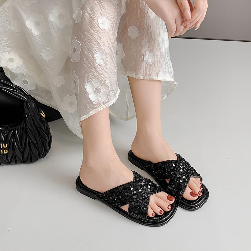 Fashion Silver Paillette Slippers Woman Cross Band Flats Sandals Ladies Summer Flipflops Bling Bling Slides Shoes Femme House Pantuflas