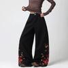 2026 Womens High-Waisted Wide-Leg Denim Pants With Embroidery Loose Fit Straight Cut