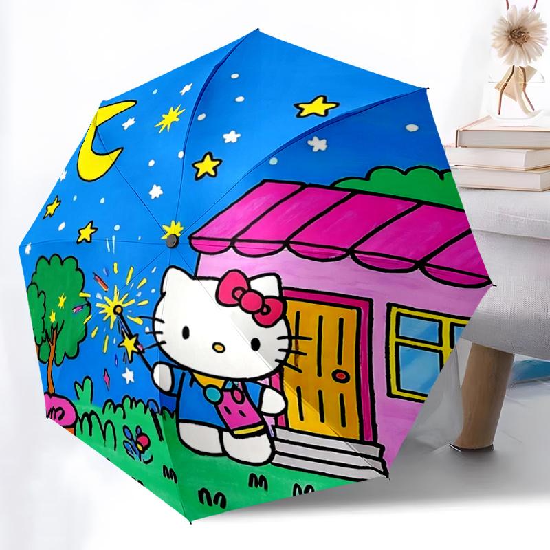 1pc Hello Kitty Night Sky Automatic Opening/Closing Umbrella - Portable Three-Fold Design with 8-Bone Iron Frame, Outdoor, Gift for Fans, Travelers, E