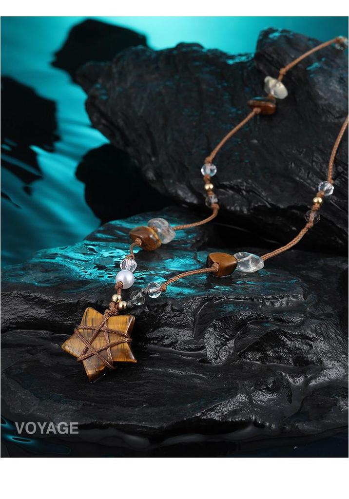 Women's Ethnic Five-Pointed Star Necklace with Tiger Eye Beads On Adjustable Cord