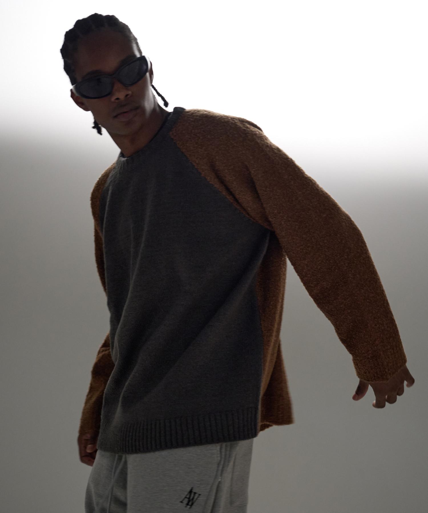 Attention Row Boucle Mix Yarn Oversized Wool Knit Raglan Sweater (Charcoal/Brown) Brown Mix (Charcoal/Free)