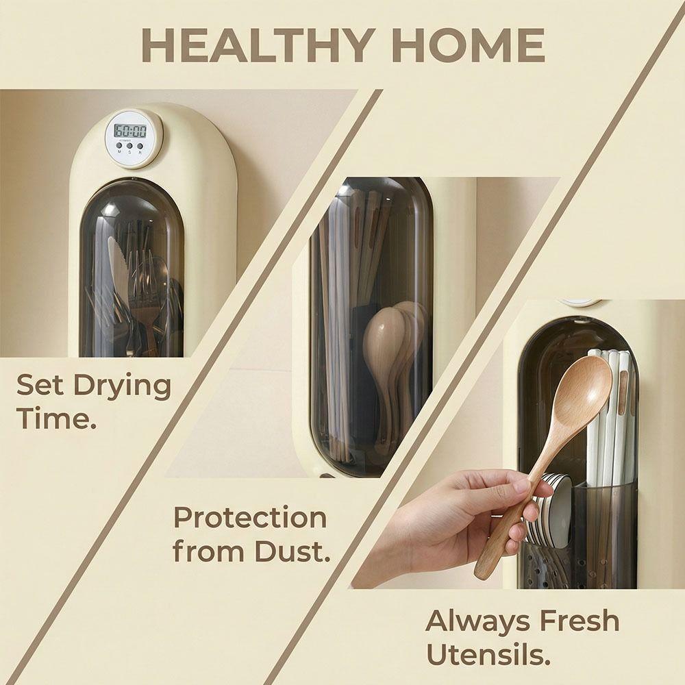 Quick Air Drying Rotatable Chopstick Holder Punch-Free with Digital Timer Tableware Storage Rack Wall Mounted Large Capacity