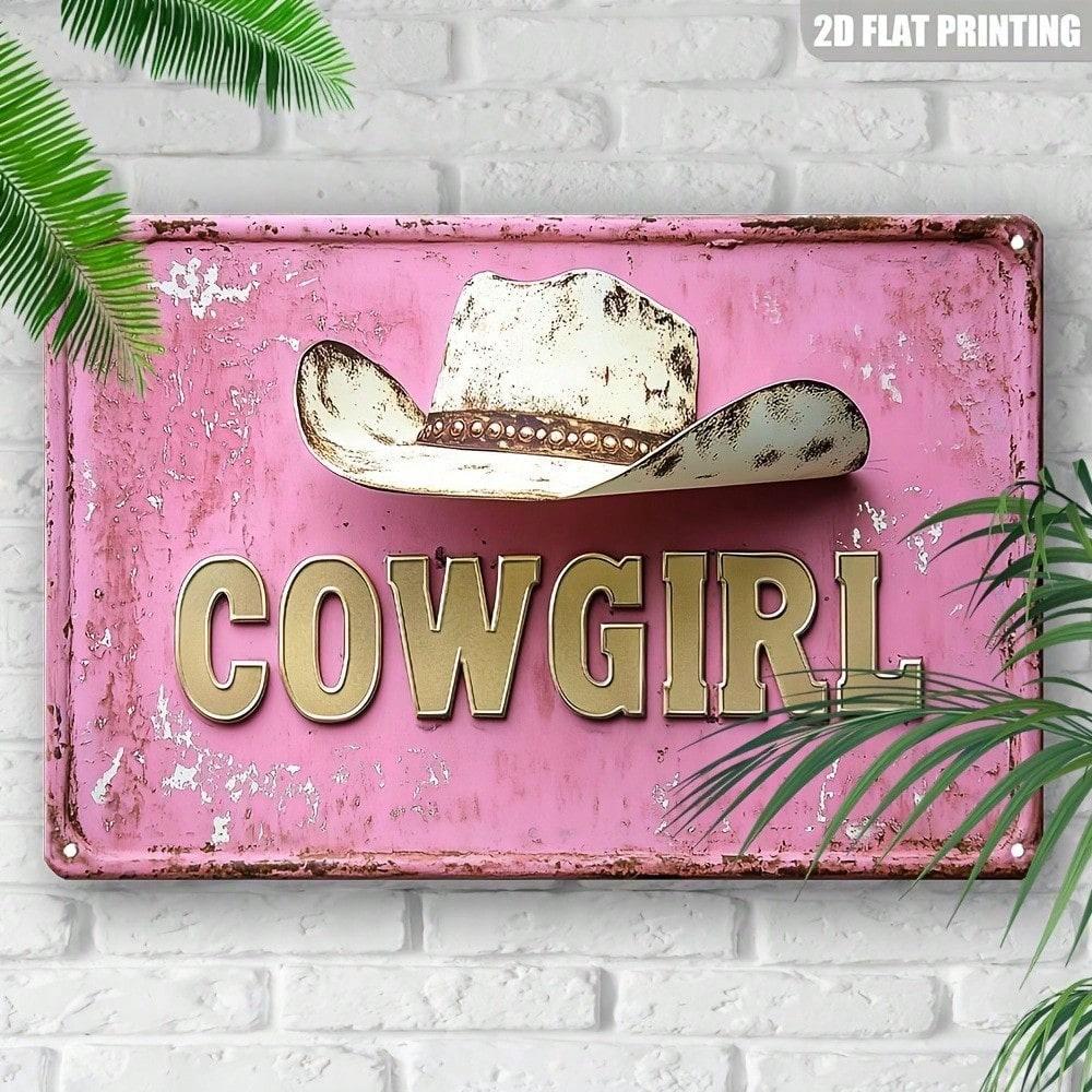 Rustic Pink Metal Cowboy Hat Wall Art, Vintage Western Cowgirl Sign for Farmhouse Bar Cafe Decor