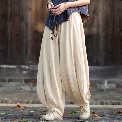 Women Vintage High Quality Bloomers Pants Solid Color Loose Autumn Trousers Elastic Waist Pants