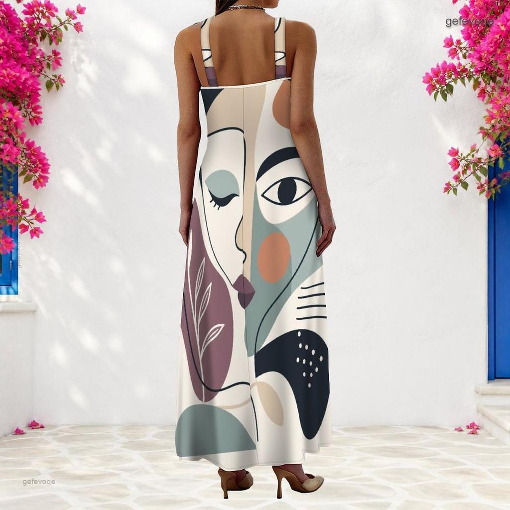 Women Plus Size Scoop Neck Strappy Sleeveless Geometric Printed A Line Maxi Dress