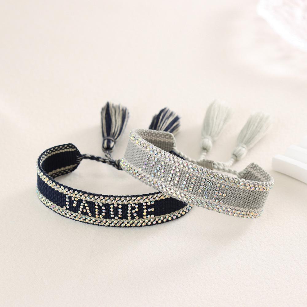 Seven-Color Full Diamond Woven Bracelet with 'JADORE' Letter, Handmade Tassel Chain, Crystal Design for Women