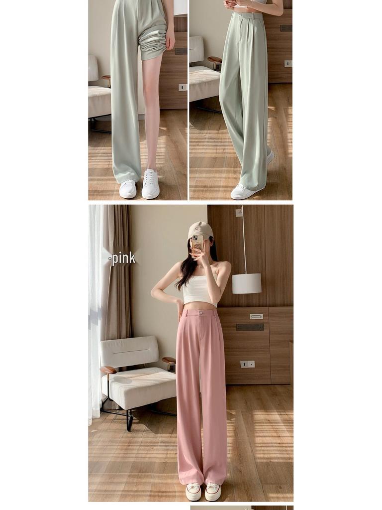 Women's Pink Ice Silk Loose High Waist Wide Leg Pants - Summer & Spring
