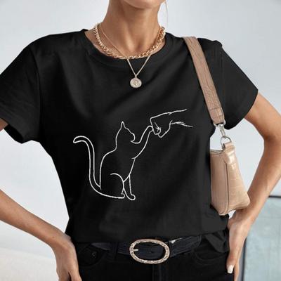 Fashion Women Simple Lines Cat Fist Print T Shirt Funny Casual O-neck Short Sleeves T-shirt Summer Female Tee Shirt