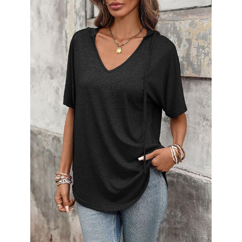2026 Spring/Summer New Solid Color V-Neck Drawstring Hooded T-Shirt for Women Casual Short Sleeve