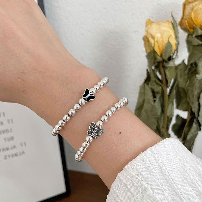925 Sterling Silver Simple Design Bracelet Butterfly Love Heart Round Beads Hand Jewelry Women Fashion Exquisite Gifts