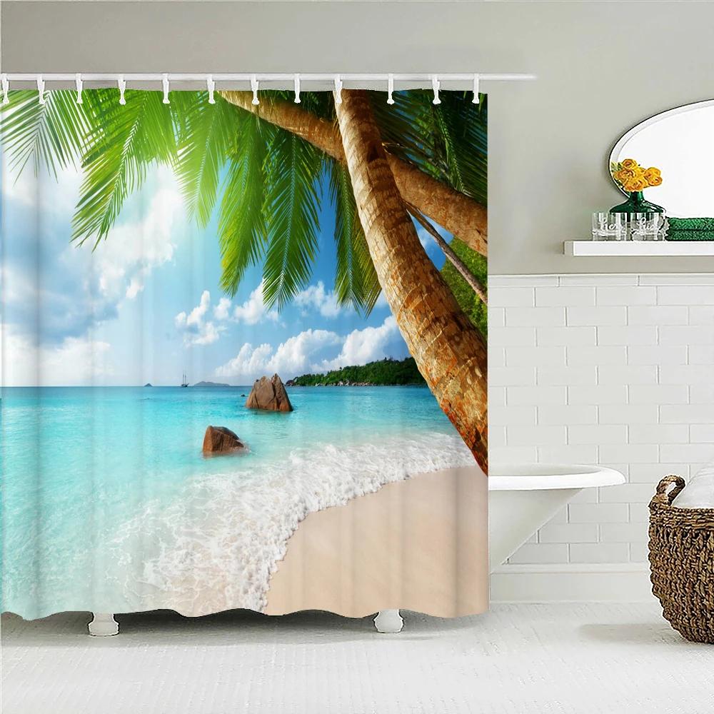 Waterproof Shower Curtain For Bathroom Sunny Sea Beach landscape Print Bathtub Curtains Polyester Bathroom Curtain with 12 Hooks