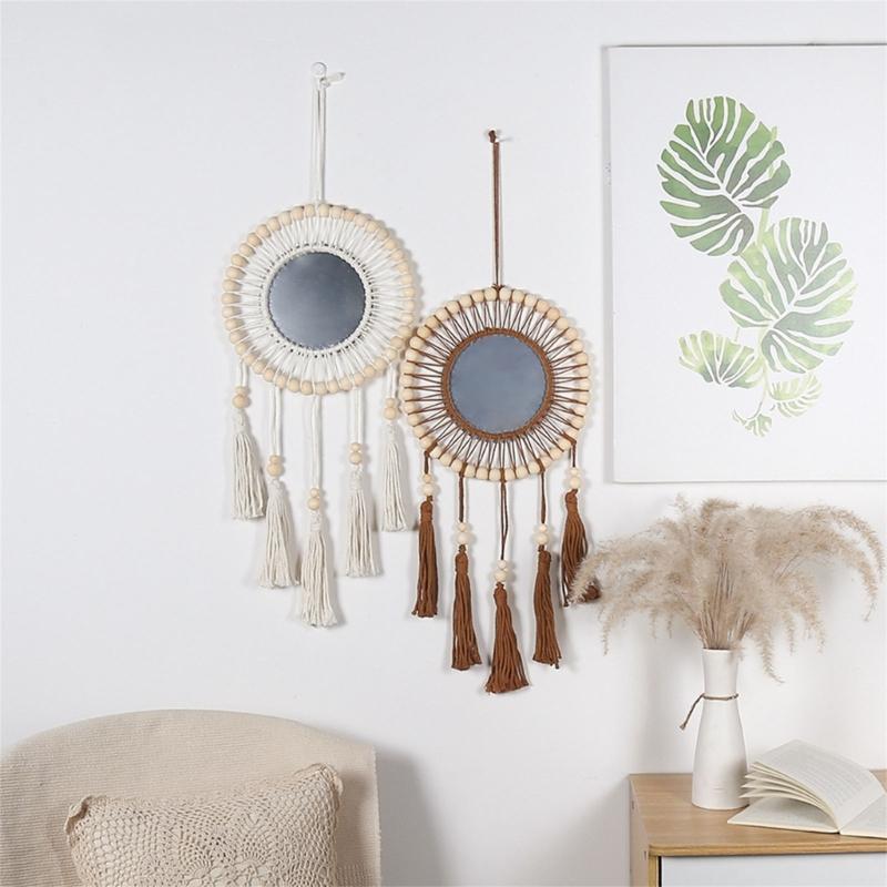 Large Macrames Round Mirrorr Decorative Mirrorr Living Room Bohemian Tapestry Mirrorr Wall Hanging for Home Decor